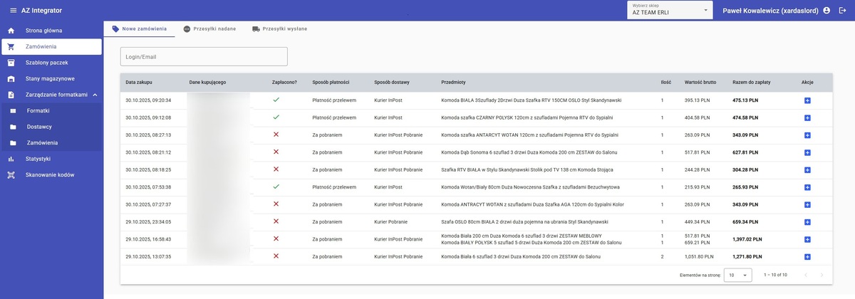 Screenshot projektu Integrator - system integracji zamówień i wysyłek